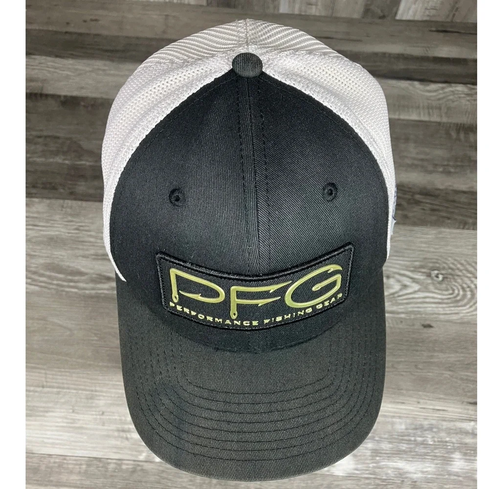 Columbia PFG Trucker Hat Black White Mesh Flexfit Performance Fishing Gear Cap